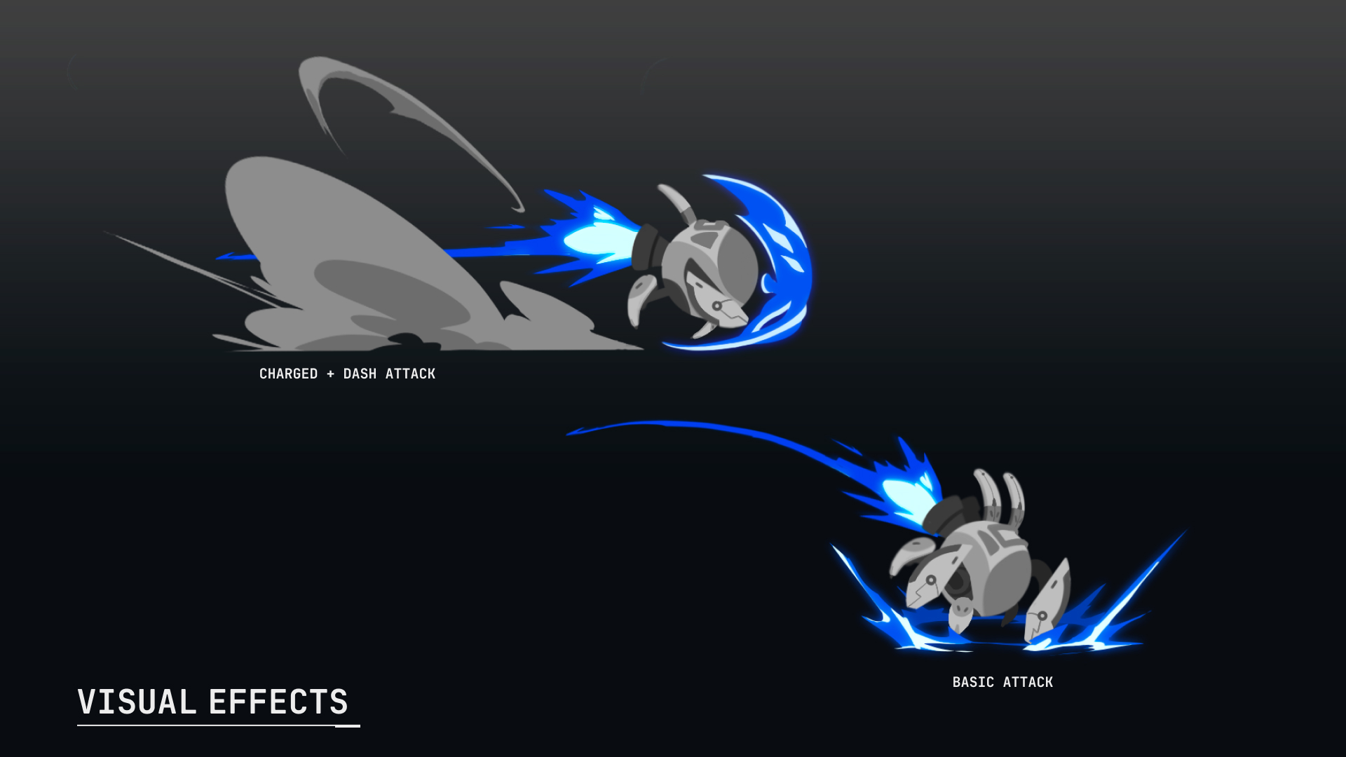 Attack visual effects of SNARE, including a charged dash attack and a basic attack