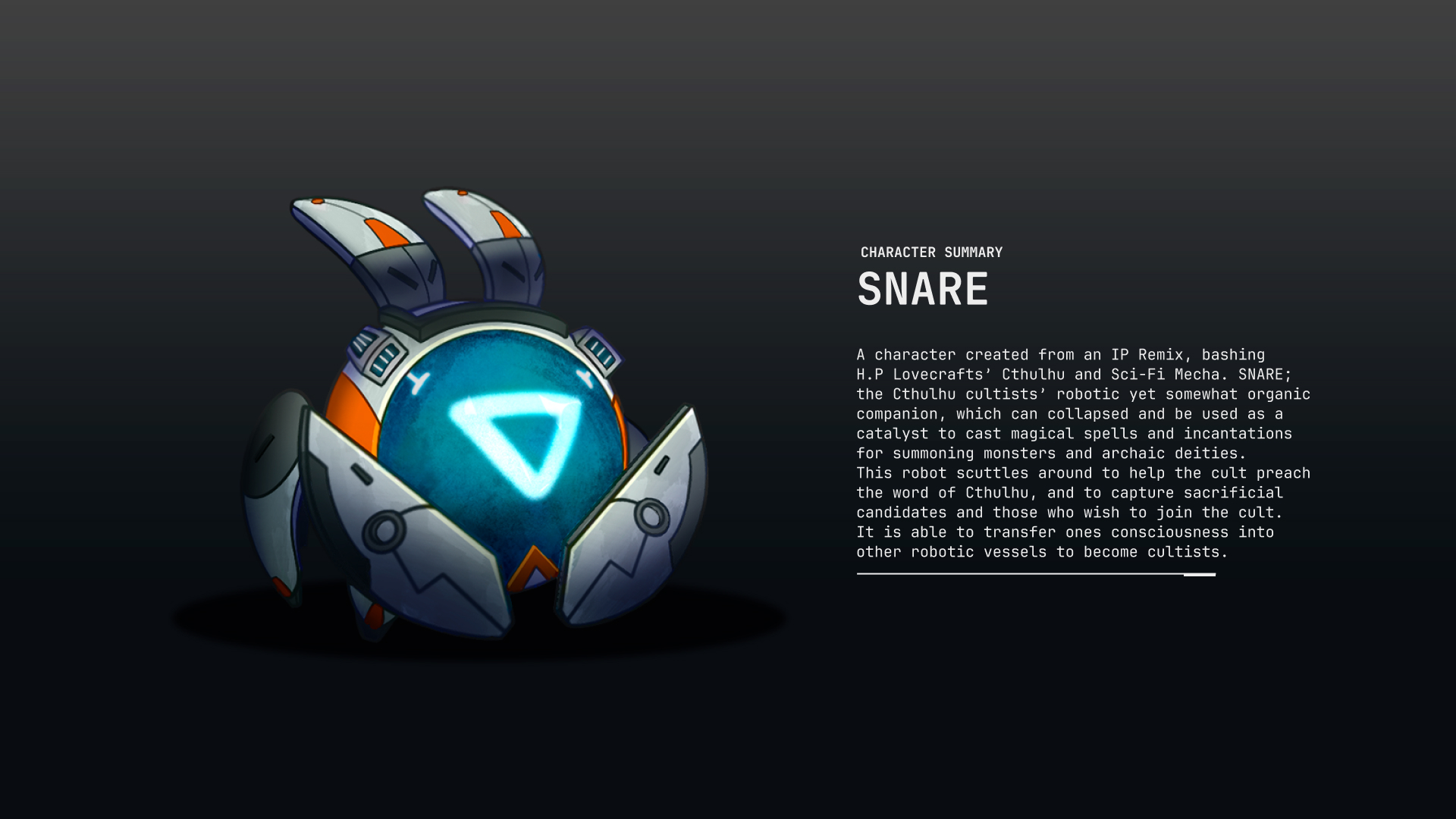 The hero shot of SNARE, a robotic crab loyal to Cthulhu