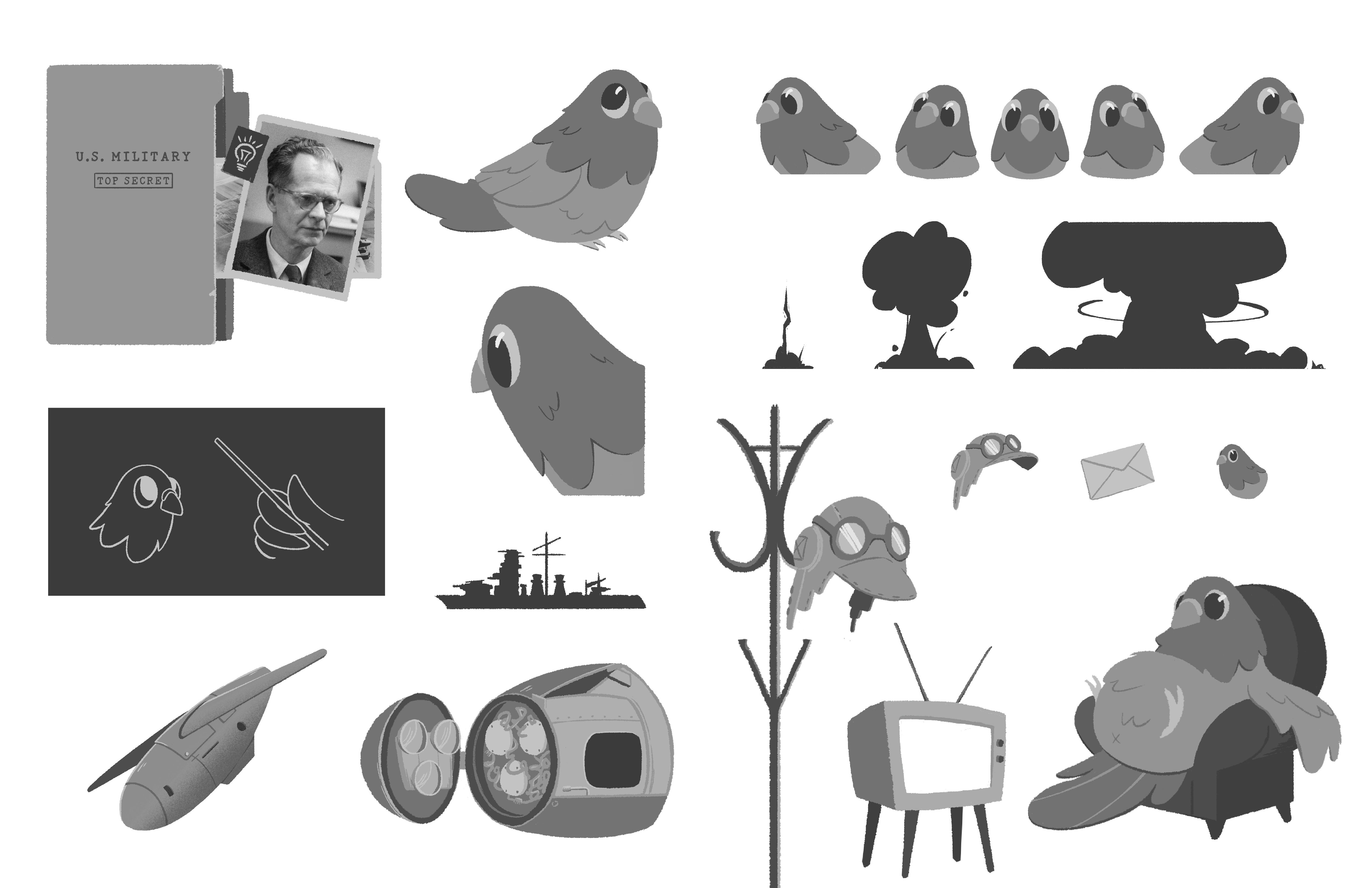 Drawn assets used for the animation of Project Pigeon: secret files, chalkboard sketches, a battleship, bomb, explosion animation frames, furniture, and many, many cute illustrations of pigeons