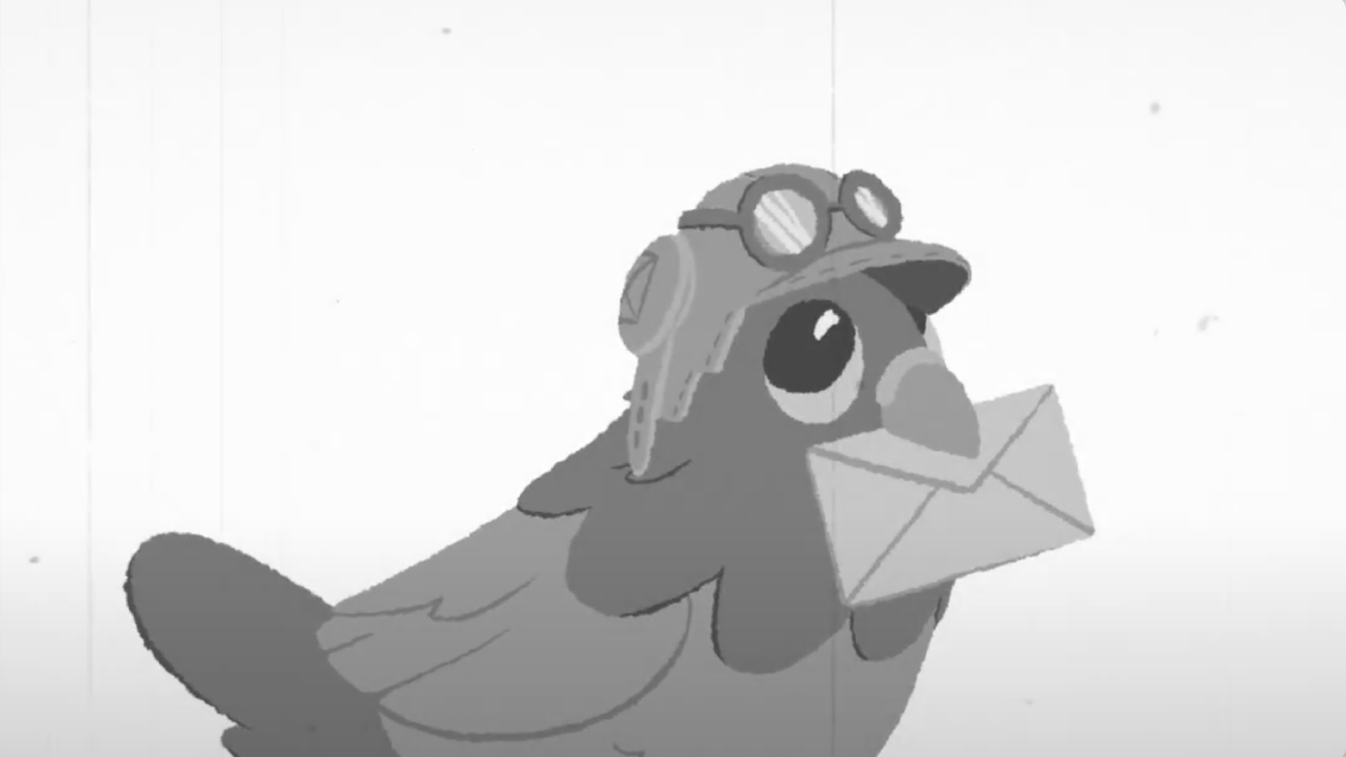 A carrier pigeon wearing a pilot hat, holding mail in its beak