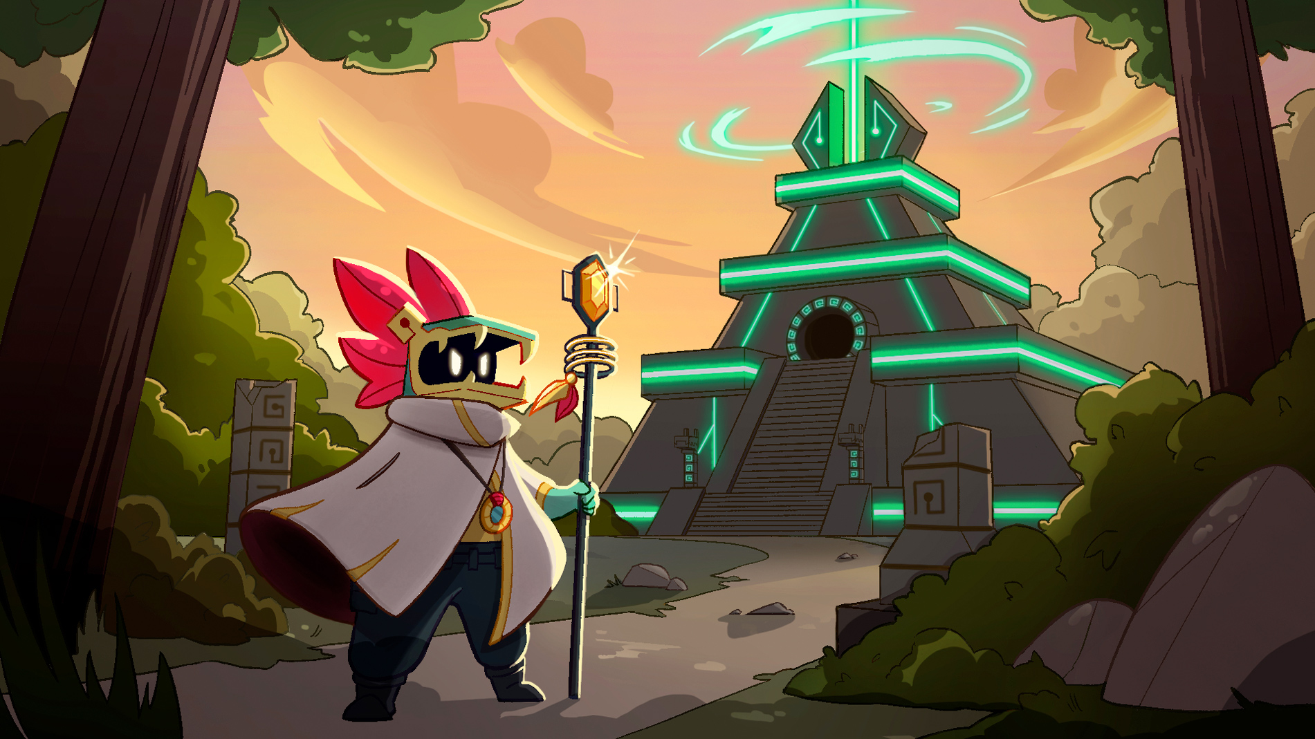 A promo art illustration for Sanctity - the main character stands bravely in front of a temple. A storm begins to brew at the cusp of dawn.