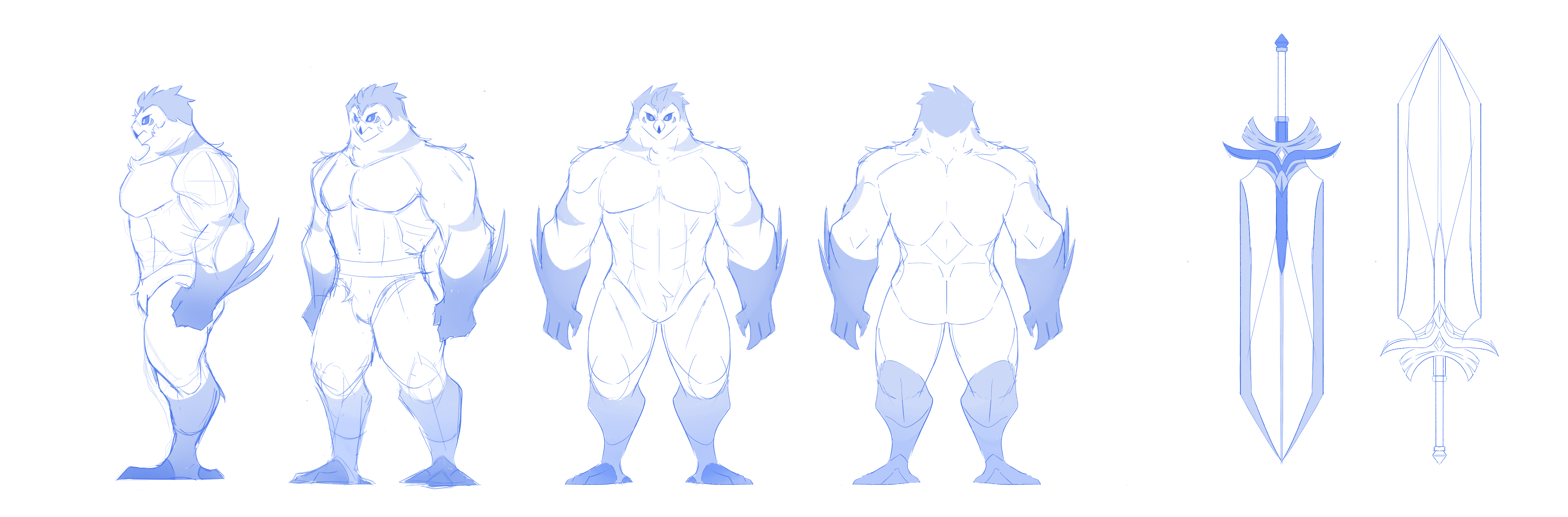 Rough body concept art and turnaround of Kai and his greatsword.