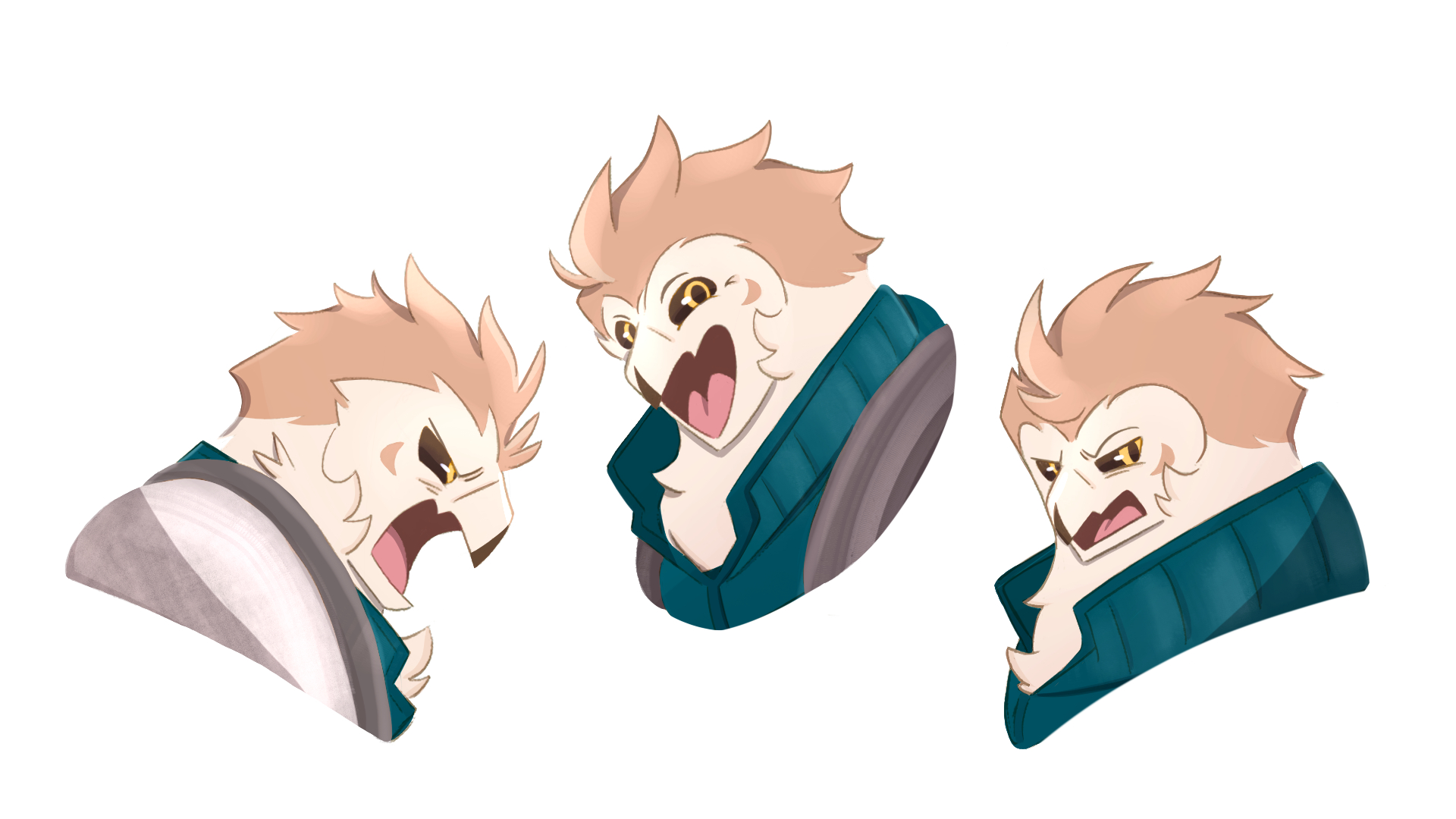 An expression sheet of Kai, consisting off angry, happy, and annoyed.