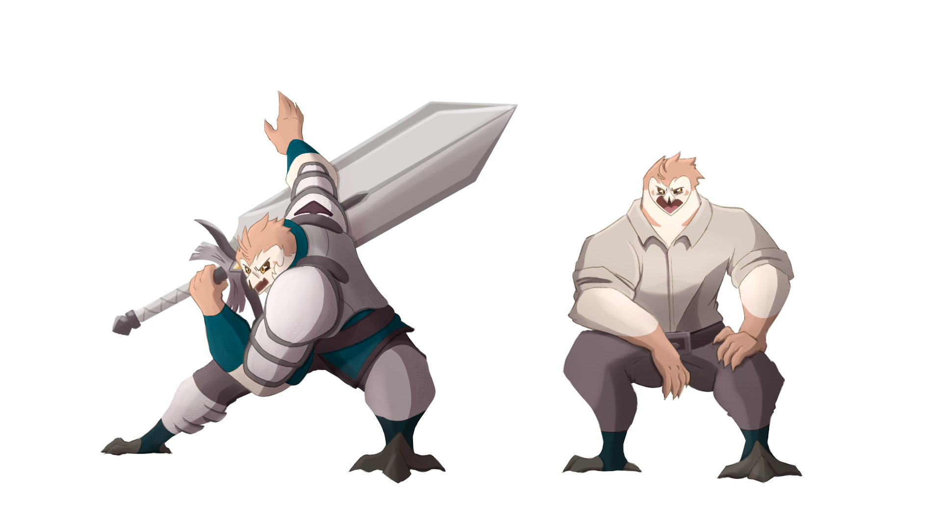 A pose sheet of Kai: including an action pose of him weilding a feather greatsword, and him slouching at a bar.