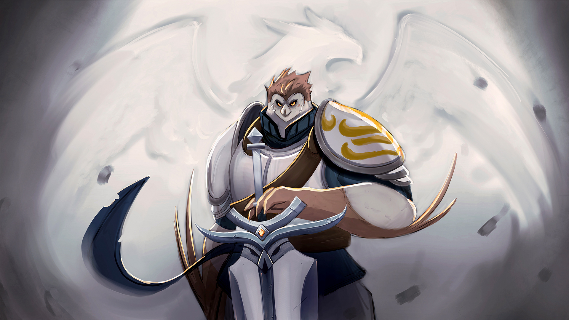 A hero shot of Kai, an owl warrior reminiscing about his days as the captain of his unit in the royal guard.